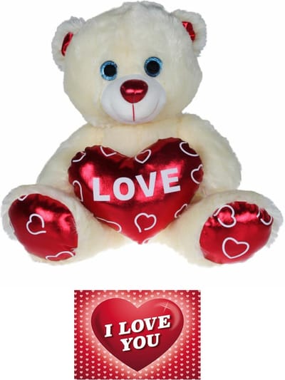 Kruger Pluche knuffelbeer - 70 cm - wit/rood - Valentijn Love hartje - hartjes wenskaart - liefde