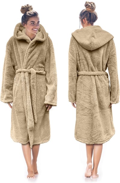 LINNICK Teddy Fleece Badjas met Capuchon inclusief Teddy Tas - Shady Sand - S - Badjas Dames - Badjas Heren
