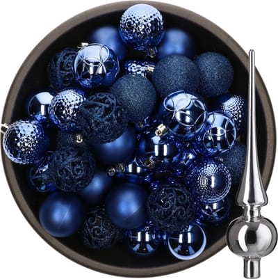Decoris Kerstballen - 37x stuks - 6 cm - kobalt blue - kunststof - incl. glazen piek glans zilver