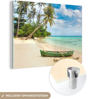 MuchoWow® Glasschilderij 40x30 cm - Schilderij acrylglas - Strand - Kano - Palmboom - Tropical - Foto op glas - Schilderijen