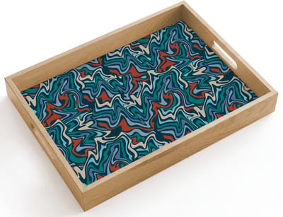 Dienblad hout 40x30 cm - Schootdienblad - Golven - Retro - Blauw - Patroon - Borrelplank rechthoek - Plateau dienbladen