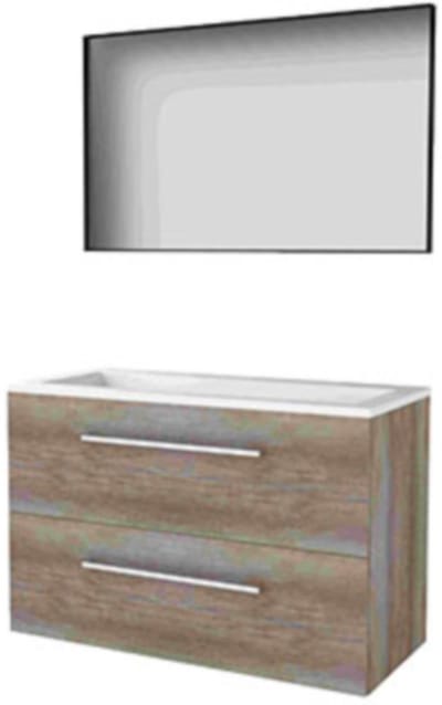 Basic-Line Framed 46 Badkamermeubelset - 100 x 46 cm - Met Grepen - 2 Lades - Acryl Wastafel - Zonder Kraangat - Spiegel met Zwart Aluminium Frame - Scotch Oak