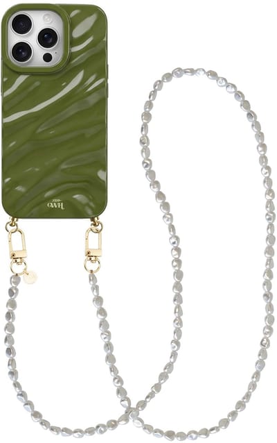 xoxo Wildhearts Glaze Cord Case Groen - Geschikt voor iPhone 16 Pro Max - Pearlfection - Lang koord - Glimmend siliconen telefoonhoesje met plooien - Dream hoesje met koord - Parelketting - Telefoonkoord