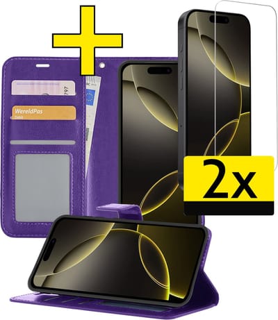 Hoesje - Met 2x Screenprotector - Geschikt voor Apple iPhone 16 Pro - Luxe Pasjeshouder - Bookcase Portemonee - Flip Case - Kunstleer Book Case - Flipcase Hoes - Book Cover - Walletcase - Portemonneehoes - Telefoonhoesjes - Paars