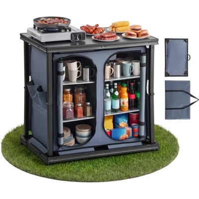 VEVOR opvouwbare campingkeuken, draagbare campingkast met 6 planken, extern vak en MDF-tafelblad, draagvermogen tot 30 kg, keukenstation voor picknicks, barbecues, feesten, kamperen en camperreizen.