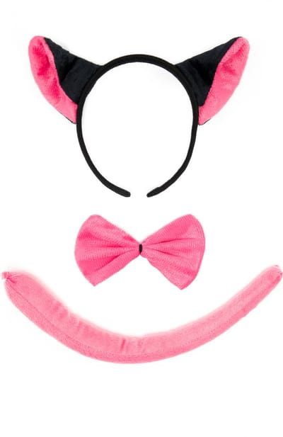 KIMU® Rat Haarband Oren, Strik, & Staart Diadeem Set - Zwart Roze Zacht Rattenpak Dierenpak Oortjes Pak - Strikje Staartje Hond Kat Muis Festival