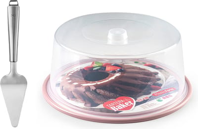 Plasticforte Taart/gebakjes bewaardoos - rond D32 x H15 cm - bodem roze - met taartschep rvs 27 cm
