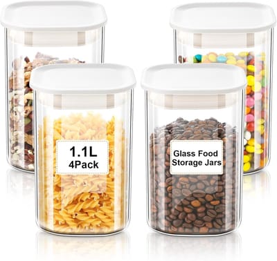 Set van 4 voorraaddozen van glas met deksel (4 x 1,1 l) - luchtdichte vierkante voorraaddozen voor meel, specerijen, granen en koffie, keukencontainer, vaatwasmachinebestendig