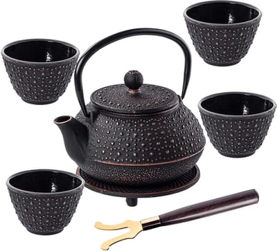 KADAX Gietijzeren ketel met theekopjes, Japans theeservies van gietijzer, traditionele theeset met netfilter en theebeker, theepot met robuuste handgreep (zwart)