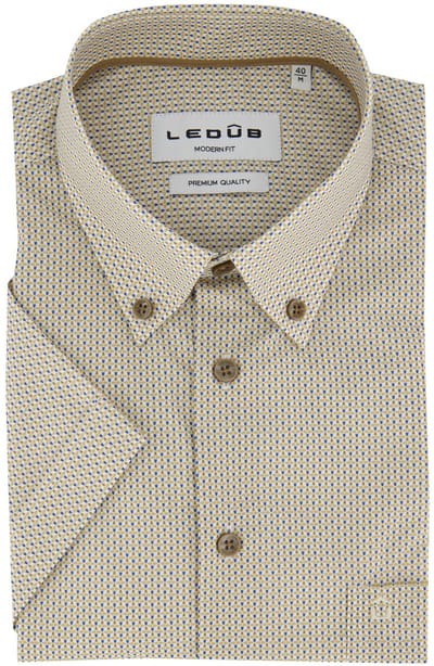 Ledub geel geprint overhemd Modern Fit korte mouw met borstzak casual