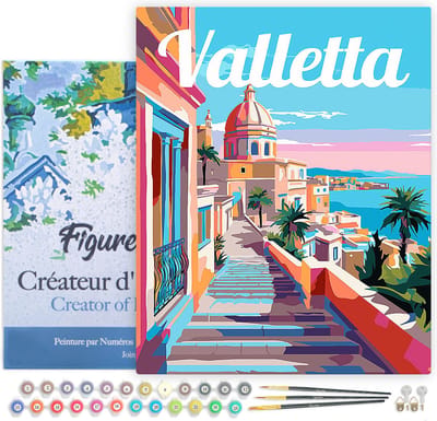 Figured'Art Schilderen op Nummer Volwassenen met lijst Reisposter Valletta Malta - Handwerk acrylverf Kit DIY Compleet - 40x50cm Canvas al ingelijst