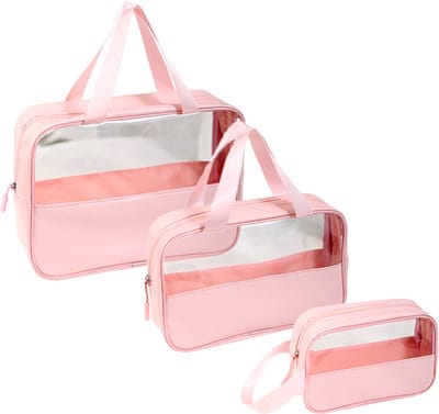 Rainbecom - Transparant toilettas set - Doorzichtige Reisset - set 3 stuks - Waterdicht - Cosmeticatas Organizer - Make-uptas - Reistas - Vliegtuig Handbagage - Ophangbaar - Vakantie - Reizen - Waterafstotend- Roze