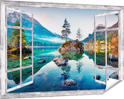 Gards Tuinposter Doorkijk Meer in de Bergen tijdens de Herfst - 150x100 cm - Tuindoek - Tuindecoratie - Wanddecoratie buiten - Tuinschilderij