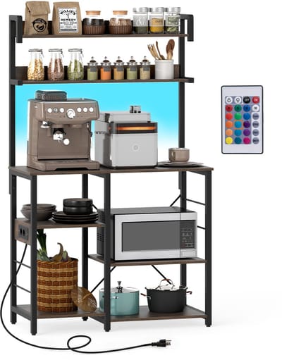 COSTWAY Keukenrek, staand rek met ledverlichting, stopcontacten en planken, magnetronrek, staand, bakkersrek voor keuken, eetkamer, woonkamer, opbergrek, vintage, 90 x 40,5 x 147 cm
