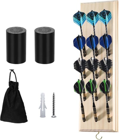 Houten Dartstandaard voor 12 Dartpijlen - Wandhouder en Opbergbox voor Darts, Inclusief Accessoires