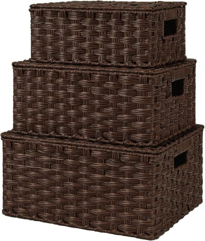 SAYS Rieten manden met deksels, set van 3 decoratieve opbergdozen, geweven mand opbergbakken, opslag en organisatormanden bakken, nesting geweven rieten opbergmand - Bruin