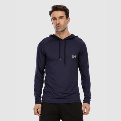 MEETYOO Heren Atletische Hooded Shirts Lange Mouw Workout Sport Hoodie Casual Hardloop T-shirt Snel Droog Pullover Top Sweatshirt-Blauw-XXL