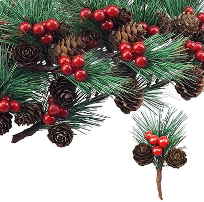 Dailygoody - Kunstdennentakken - Kerstdecoratie - 20 stuks - Kunststof - Bessen en dennenappels - Perfect voor kransen en bloemstukken - Groen