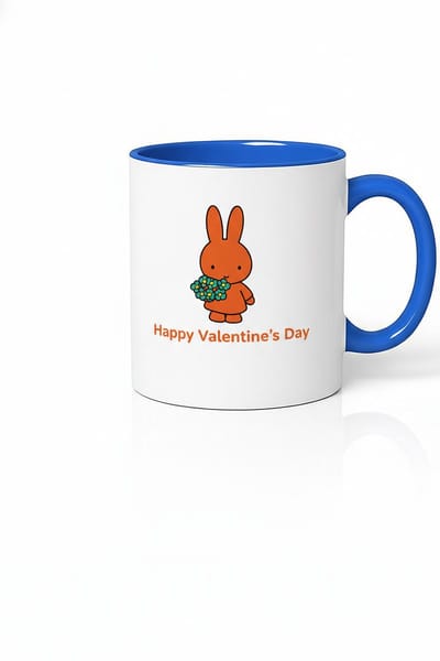 Valentijn Mok Happy Valentine's Day met Oranje Konijn & Bloemen - Wit/Blauw