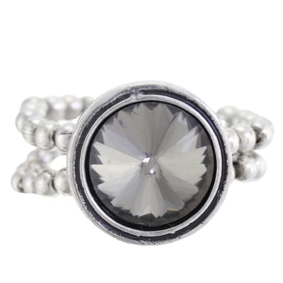 Behave - Ring - Elastische Vintage Zilverkleurige Ring met Antraciet Grijze Kristal – Tijdloos & Comfortabel | Nikkelvrij
