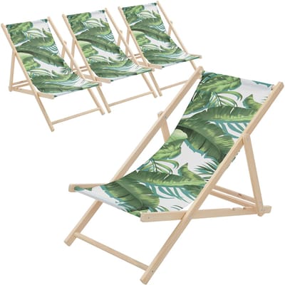 Set van 4 houten tuinligstoelen in tropisch groen en wit opvouwbare strandstoel Strandstoel Ligstoel Relaxligstoel