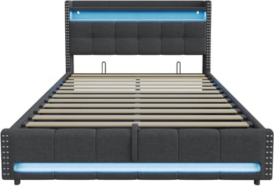 COVREO Tweepersoonsbed 180x200 cm - grijs stoffen bed met LED, USB en opbergruimte