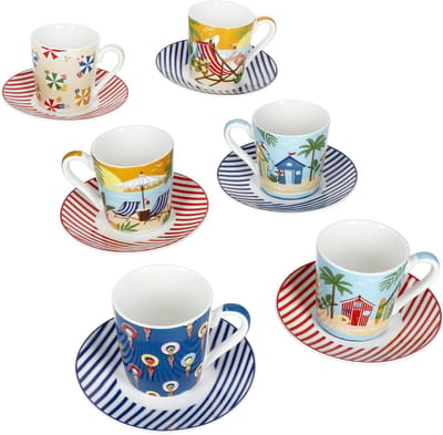 6-delige set ATMOSPHERE espressokopjes met schoteltjes en zomerse motieven van porselein – R0126#ALAP