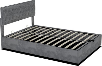 COVREO Gestoffeerd bed met opbergruimte – 140x200 cm – Bedframe met lattenbodem – Tweepersoonsmodel voor slaapkamer – Grijs - zonder matras