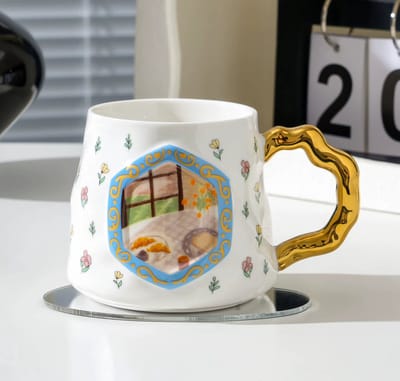 Luxe Porseleinen Mok 'Ontbijt Zicht' - Met Deksel & Lepel - Hoogwaardig - 390ml - Kop - Geschenk