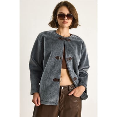 Textuur Gabardine Lange Jas met Kraagknopen