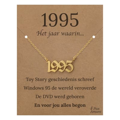 Jaartal 1995 Ketting op Cadeau Kaartje - Goudkleurig Stainless Steel - 45cm - Met informatie over geboortejaar - Pax Amare