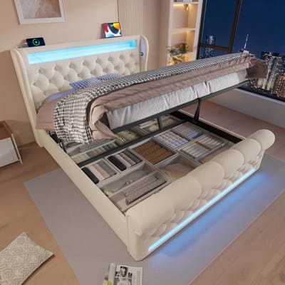 Sweiko Tweepersoonsbed - 160x200 cm - LED-verlichting - USB/Type-C - Opbergruimte - Velvet - Beige