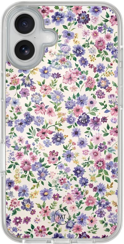 Hybride hoesje geschikt voor iPhone 16 - Paarse bloemen - Extra bescherming - Luxe beschermhoes - TPU case - Transparant, Paars - Mooie Telefoonhoesjes