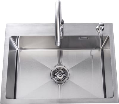 Lendo Online Spoelbak voor keuken met keukenkraan en zeepdispenser 590x440x200mm (59x44x20cm) RVS - Roestvrij staal - Wasbak met waterafvoersysteem - Gootsteen + bevestigingshaken Binnenmaat: 54x35cm