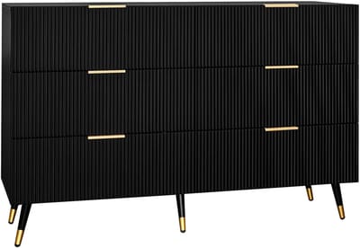 Ladekast – Dressoir Spaanplaat met 6 Geribbelde Laden en Goud - Zwart