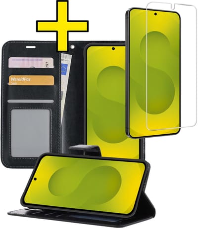 Hoesje - Met Screenprotector - Geschikt voor Samsung Galaxy S25 Edge - Luxe Pasjeshouder - Bookcase Portemonee - Flip Case - Kunstleer Book Case - Flipcase - Book Cover - Walletcase - Portemonneehoes - Telefoonhoesjes - Zwart