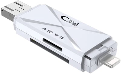 8-Pin + USB + Micro-USB naar SD + Micro-SD (tf) kaartlezer adapter kabel connector - cardreader - geheugenkaart lezer - geschikt voor o.a. iPhone en laptop - wit