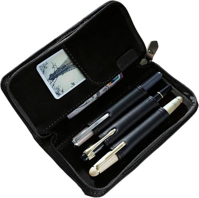Leren Pennen etui - Schrijfgerei tas - Hobby en werk - Drie vakken - 17x8x3cm - Zwart