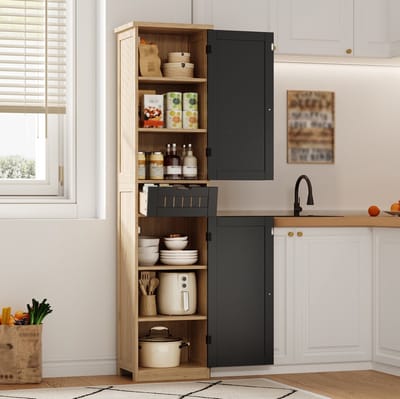 HAUSS SPOLE Keukenkast - Compacte Opbergkast Met 2 Deuren, 1 Lade En Verstelbare Planken - Voor Keuken En Woonkamer - MDF - 170x40x30 Cm - Naturel Zwart