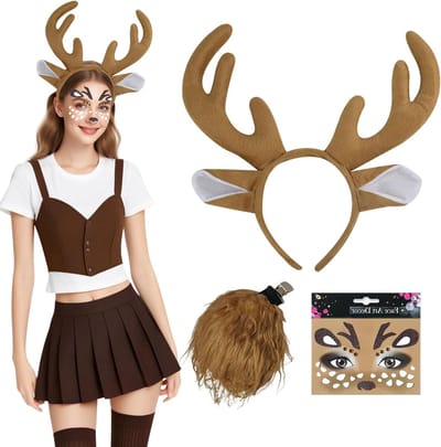 Kerst- en Carnaval Reindeer Kostuum voor Volwassenen en Kinderen met Hoofdband, Oren en Tatoeages voor Feestjes