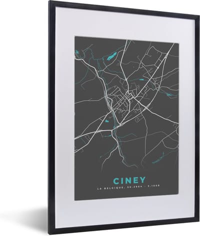 Fotolijst incl. Poster - Stadskaart – Grijs - Kaart – Ciney – België – Plattegrond - 30x40 cm - Posterlijst