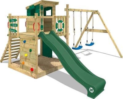 Wickey Smart Camp Speeltoestel - Dubbele schommel met Glijbaan en Speelhuisje - Klimwand & Zandbak - 390x420x237 cm - Groen