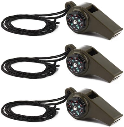 Oneay 3-in-1 noodfluitjes set van 3 stuks – Voorzien van kompas en thermometer – Luid geluid met draagkoord – Militair groen