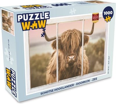 Puzzel Schotse hooglander - Doorkijk - Zee - Legpuzzel - Puzzel 1000 stukjes volwassenen