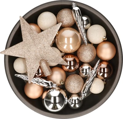 Decoris kerstballen set - 34-dlg - bruin/wit/zilver - incl. piek - kunststof - kerstversiering