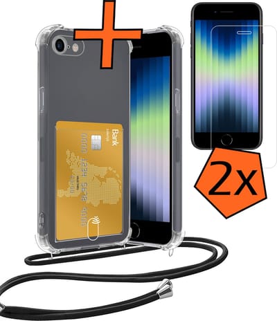 Hoesje Geschikt voor iPhone 7 Hoesje Met Telefoonketting Pasjeshouder Shockproof Case Met 2x Screenprotector Koord - Hoesje Geschikt voor iPhone 7 Hoes Met Kaarthouder - Transparant