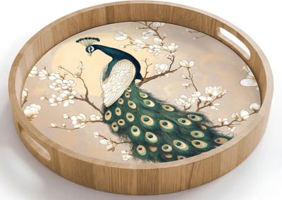 Dienblad rond 40x40 cm - Schootdienblad hout - Pauw - Tak - Bloemen - Borrelplank rechthoek - Plateau houten dienbladen