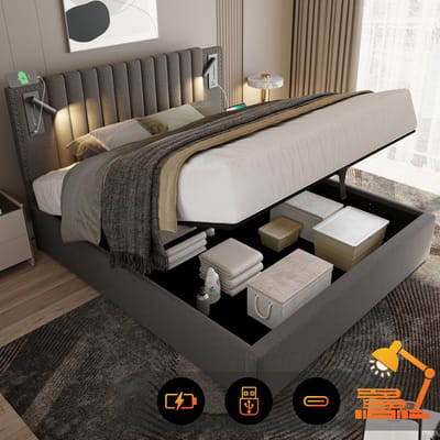 REDOM gestoffeerd bed 140x200 cm – Katoen grijs – Verstelbaar hoofdbord, leeslamp, 2 USB + 2 Type-C – 300 kg