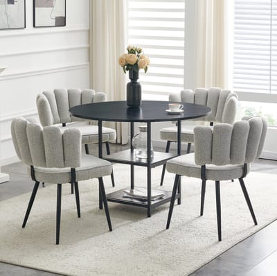 Set Tafel En Stoelen - Ronde Eettafel Met Dubbele Opbergruimte - 4 Eetkamerstoelen Met Bloemrugleuning - Hout Metaal Zwart Lichtgrijs