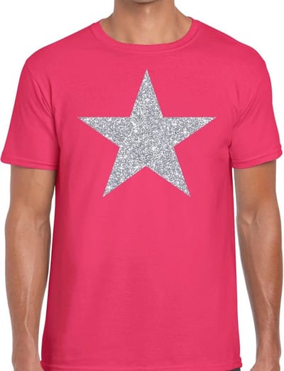 De Ster van de show - verkleed t-shirt - roze - met zilveren ster in glitters - heren - glamour - Disco S